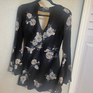 Dark blue floral long sleeve shift dress